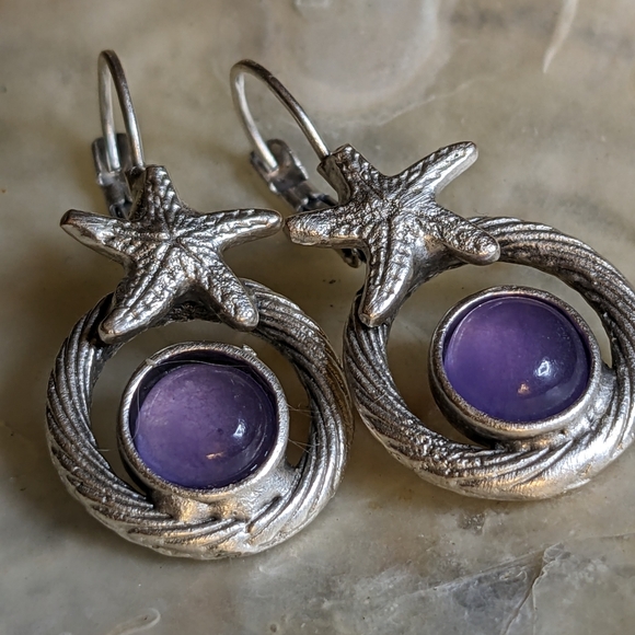 Natural Purple Jade in Silver Plated Starfish Earrings - Picture 4 of 4